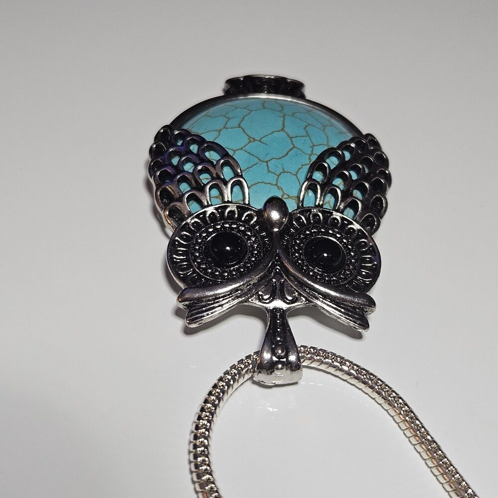 Silver Tone Large Blue Turquoise Owl Pendant Necklace 30" Chain - Picture 12 of 14